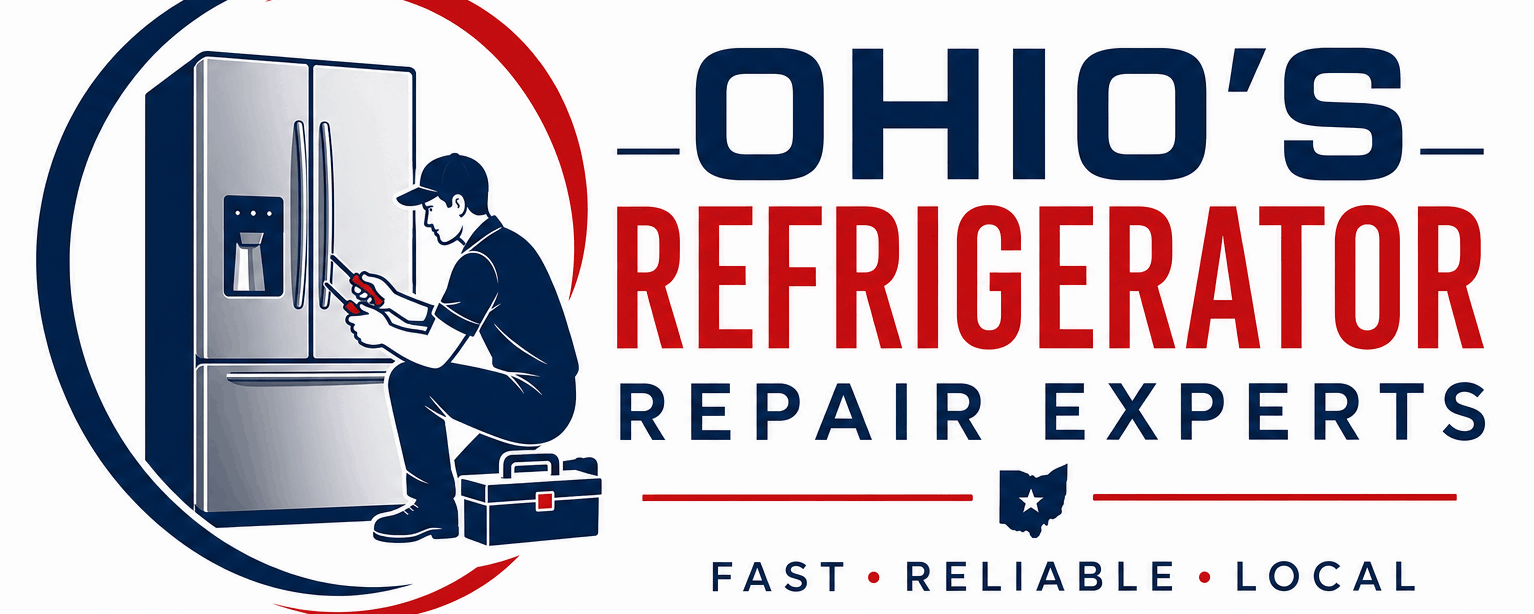 Refrigerator Repair Ohio logo featuring a technician repairing a refrigerator.