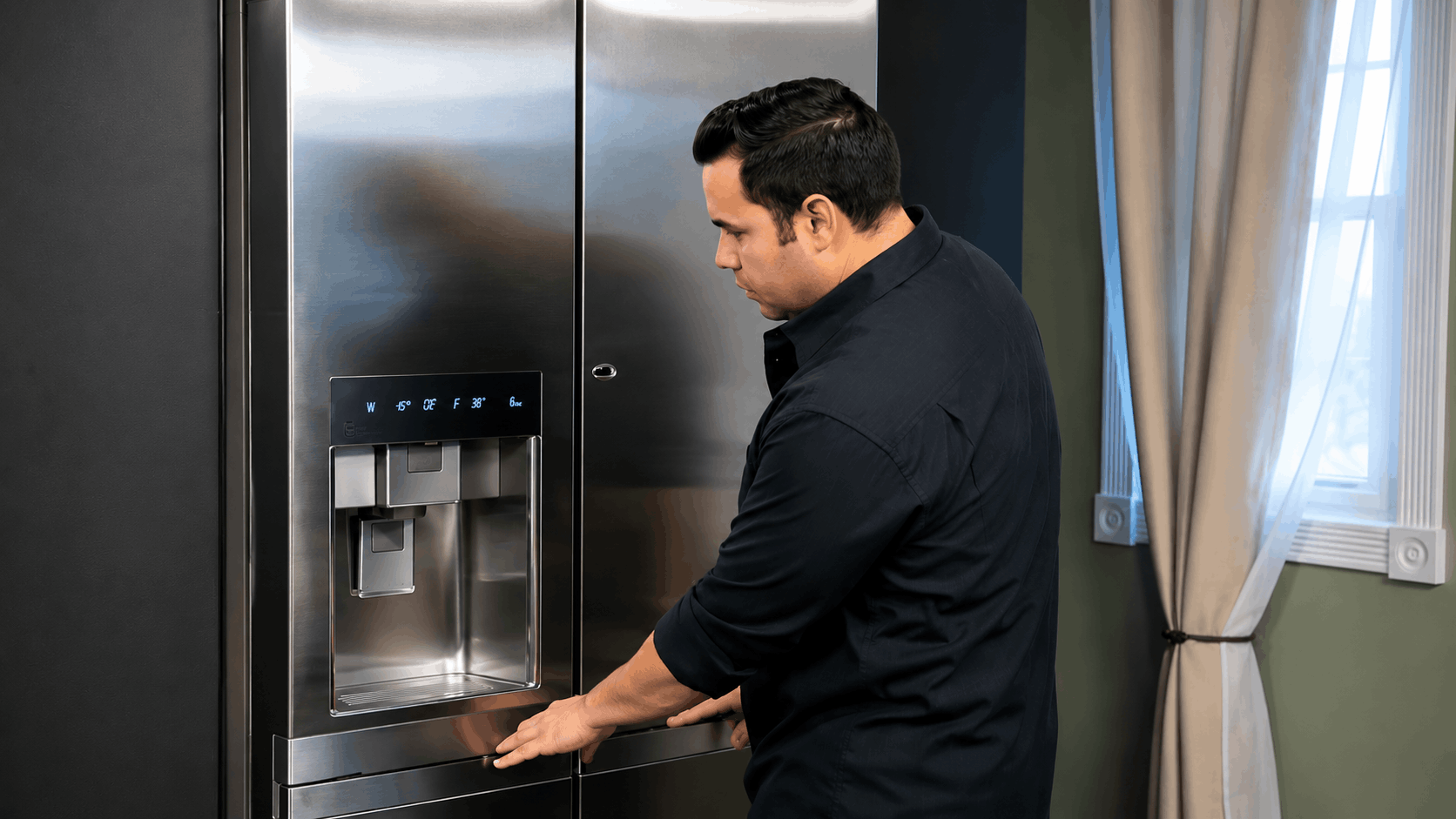 Professional refrigerator repair technician diagnosing a stainless steel refrigerator in a modern home kitchen in Columbus, Ohio.